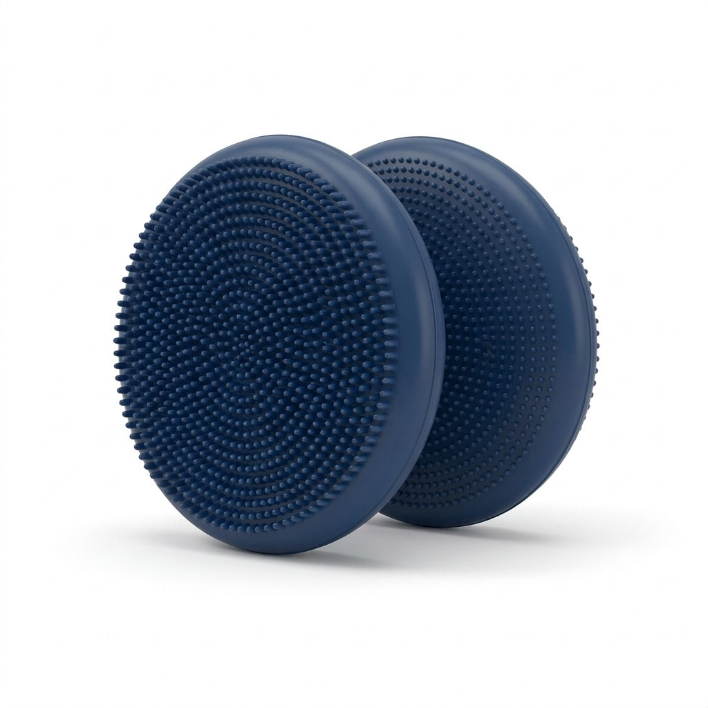 Two blue fdmt Little Sensory Wiggle Seat cushions with textured nubs for active seating, 27cm size.