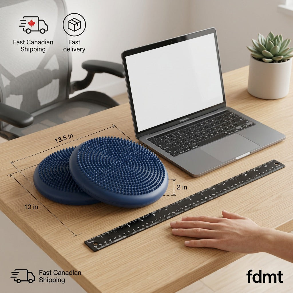 Blue fdmt Wiggle Seat sensory cushions on a desk next to a laptop and ruler for size scale.