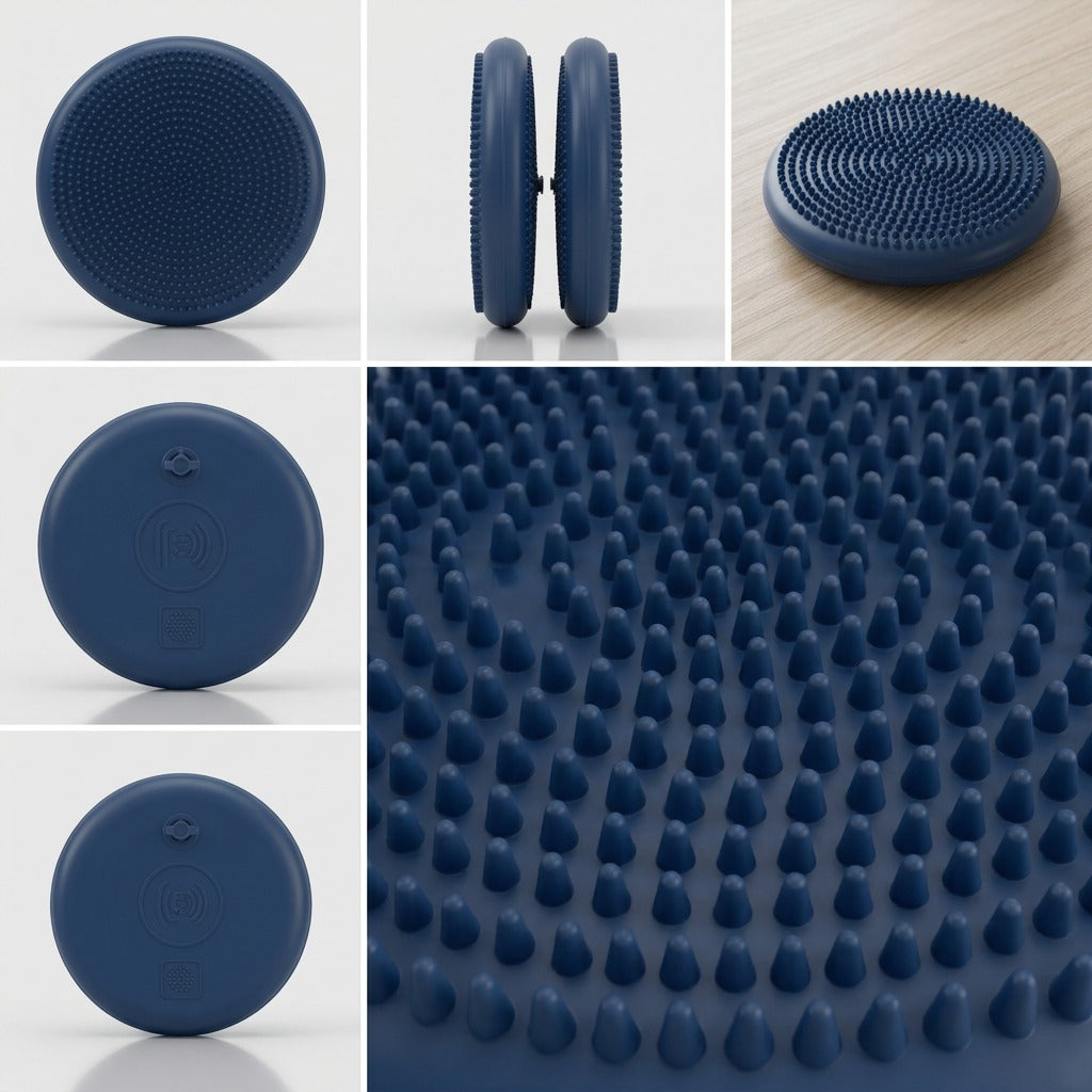 Matrix showing top, side, and bottom views of the blue fdmt Wiggle Seat sensory cushion and texture.