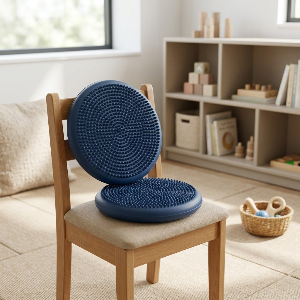 Blue fdmt Wiggle Seat sensory cushions with tactile nubs on a wooden child's chair in a classroom.