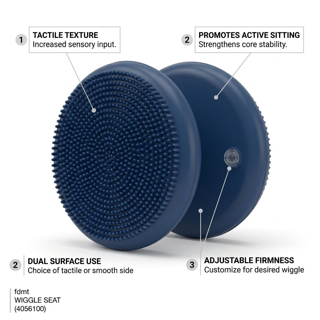 Blue fdmt Wiggle Seat infographic showing tactile texture, adjustable firmness, and dual surfaces.