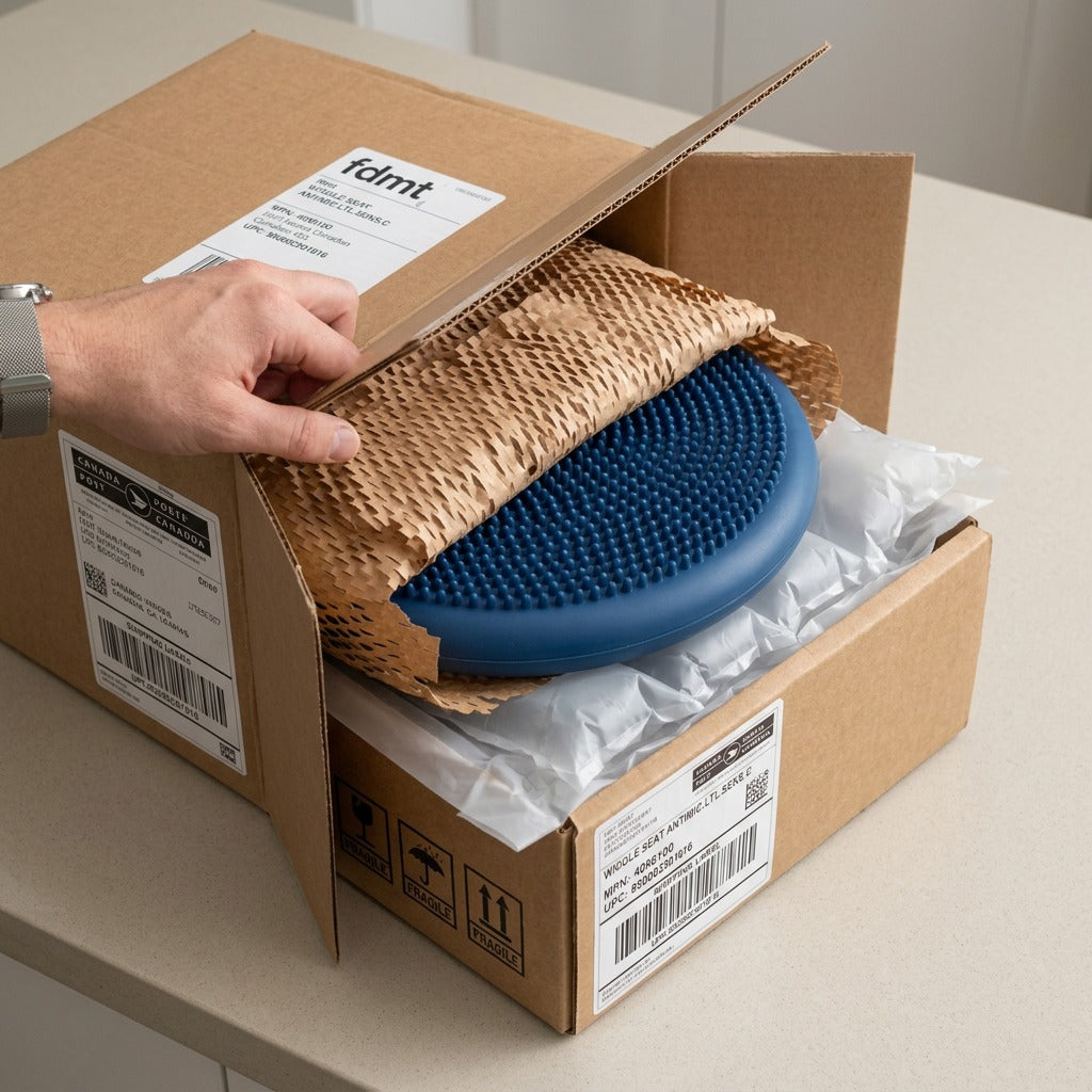 Person unboxing a blue fdmt Little Sensory Wiggle Seat protected by paper and air cushions.