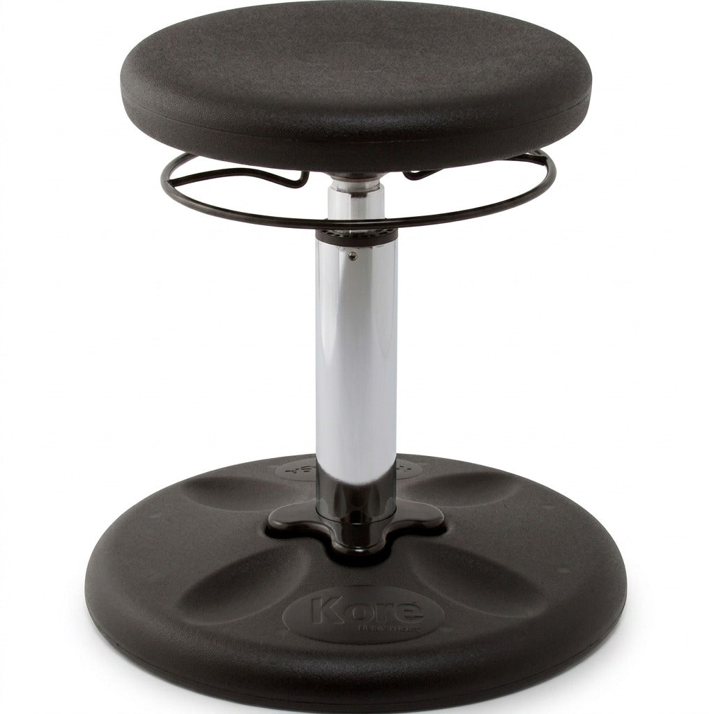Black fdmt Kore Adjustable Wobble Stool (42-61cm) with a chrome pillar and rounded base.
