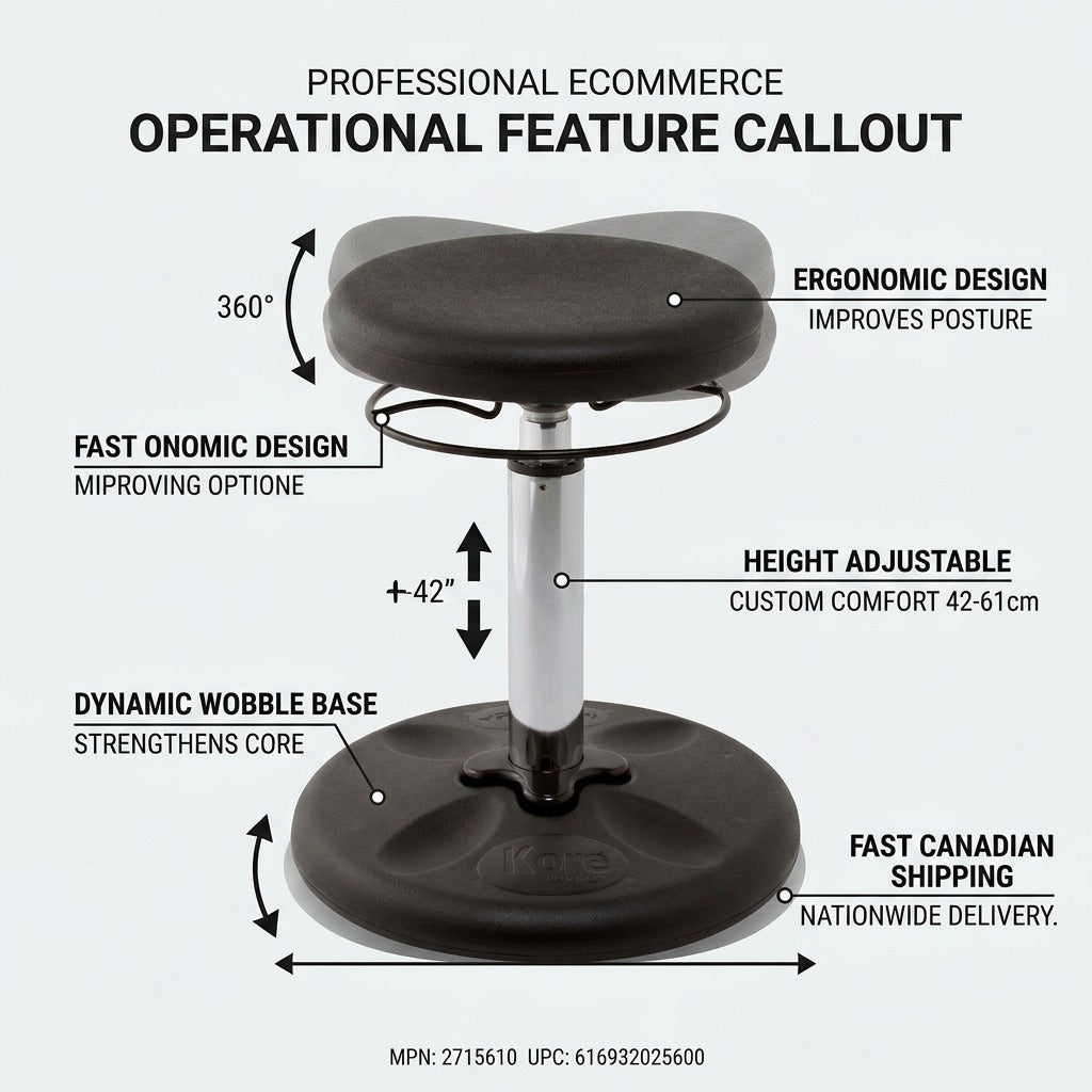 fdmt Kore Adjustable Wobble Stool features: 360-degree rotation, 42-61cm height adjustment, and dynamic wobble base.