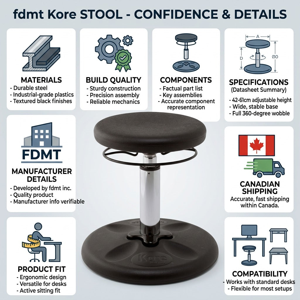 Infographic for fdmt Kore black adjustable wobble stool showcasing materials and 42-61cm height.