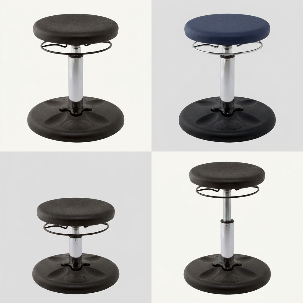 Grid showing fdmt Kore Adjustable Wobble Stool in black and navy at various height configurations.