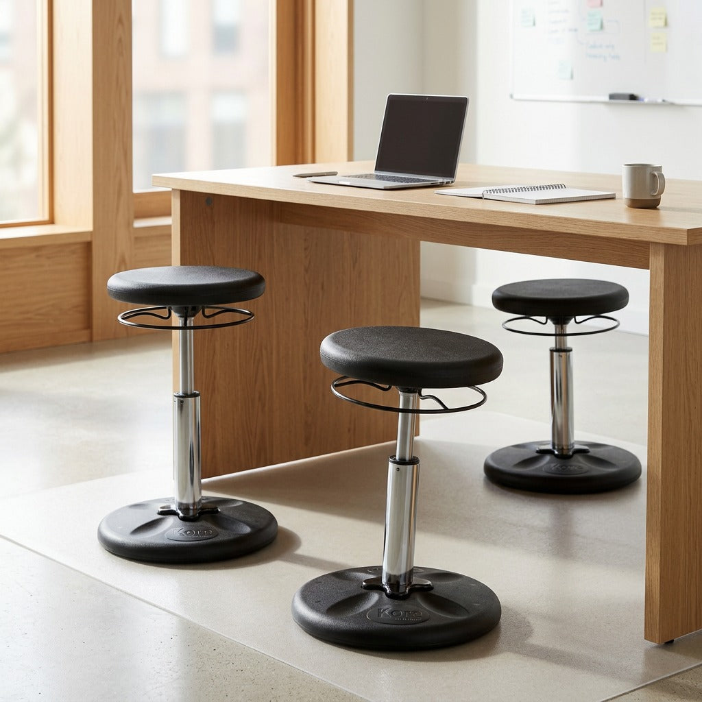 Three black fdmt Kore Adjustable Wobble Stools at a wooden desk in a bright office environment.