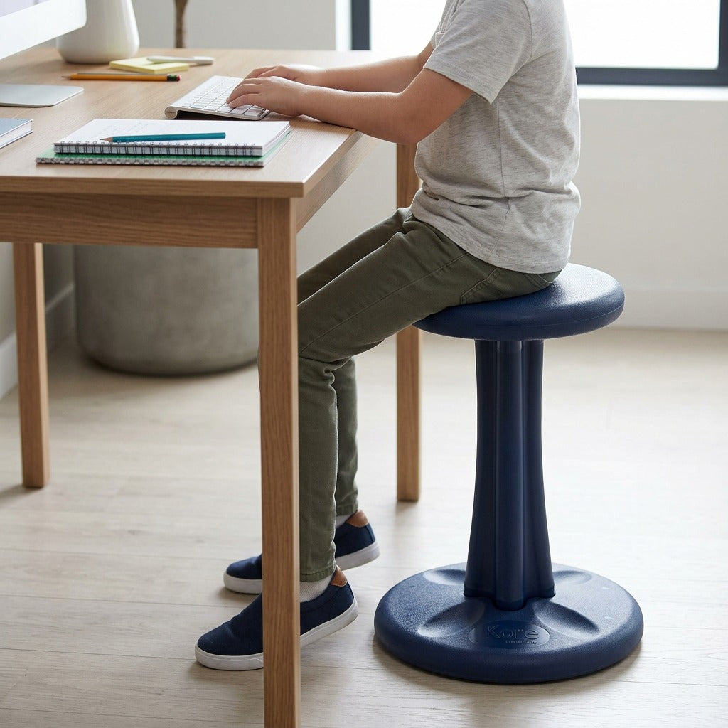 A child sitting at a desk on a dark blue fdmt Kore Wobble Stool 47cm for scale reference.