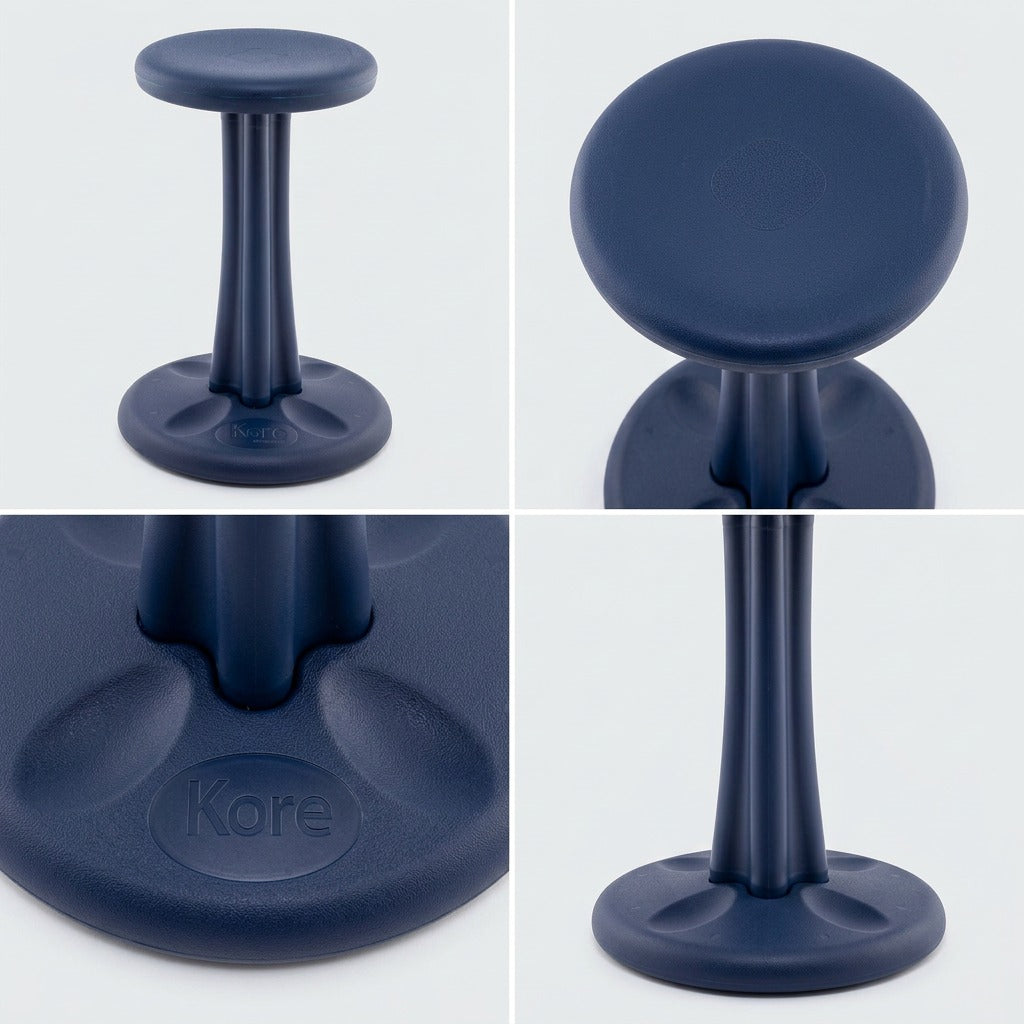 Four-panel view of the dark blue fdmt Kore Wobble Stool 47cm showing the seat, base, and profile.