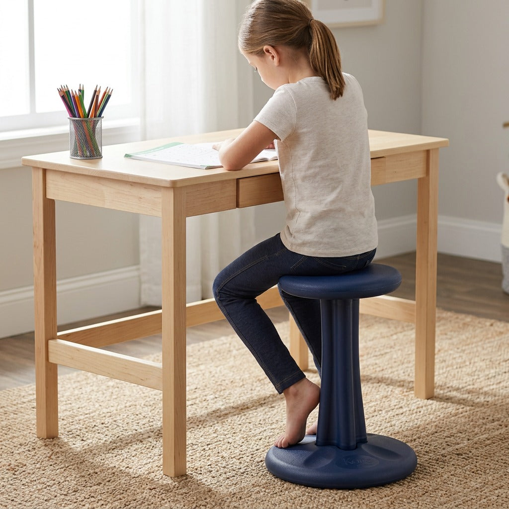 A child sits on a dark blue fdmt Kore Wobble Stool at a wooden desk, illustrating its use for focus.