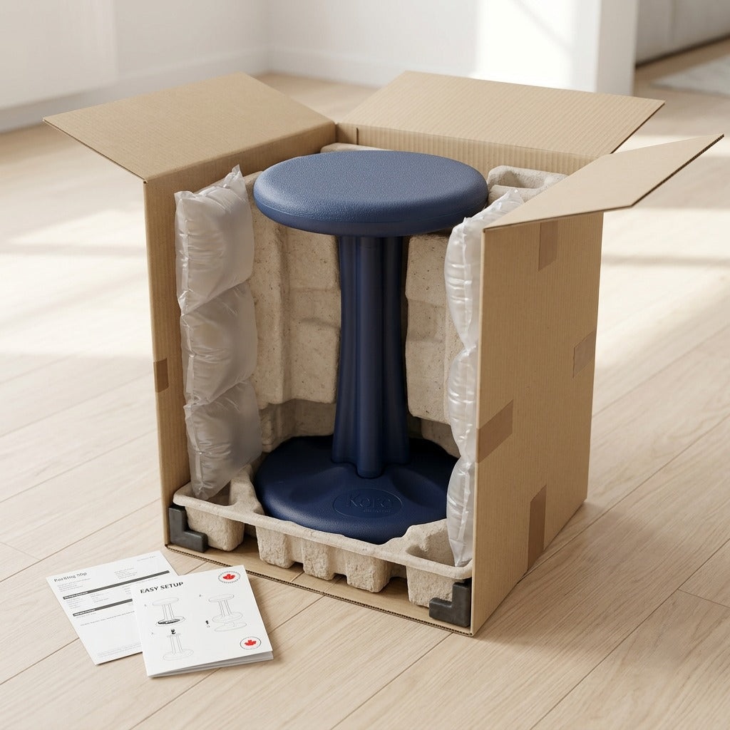 A dark blue fdmt Kore Wobble Stool protected by air pillows and molded cardboard in a shipping box.