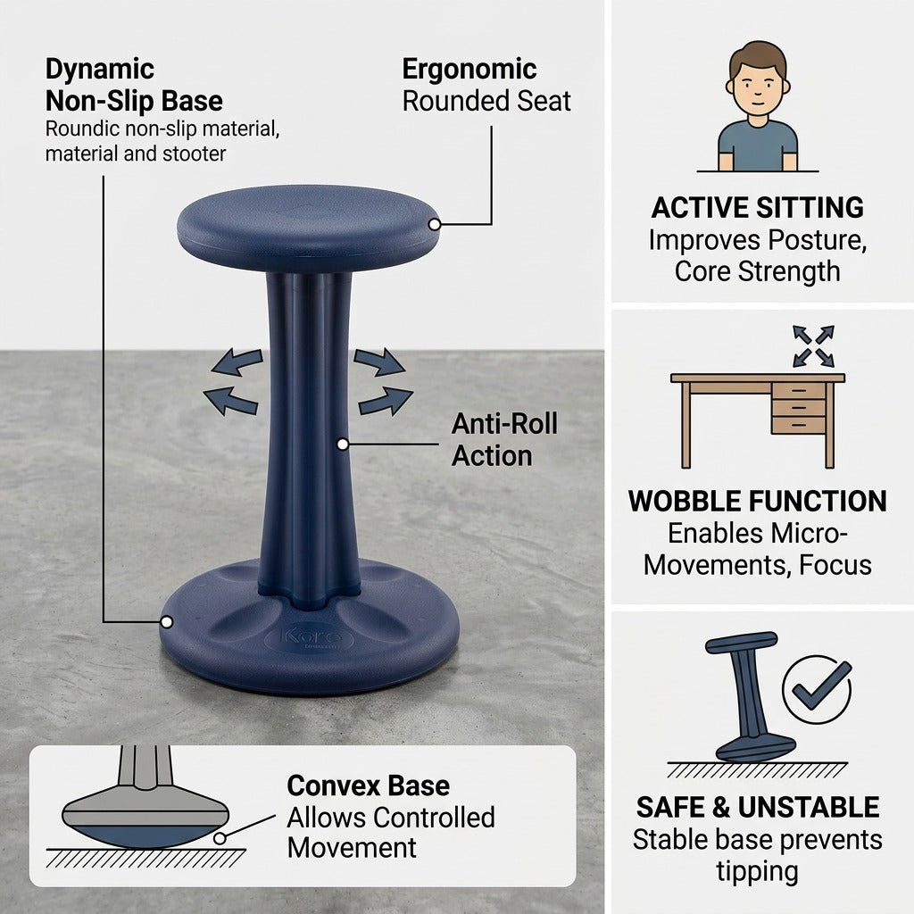Feature graphic for fdmt Kore Wobble Stool highlighting active sitting, convex base, and rounded seat.
