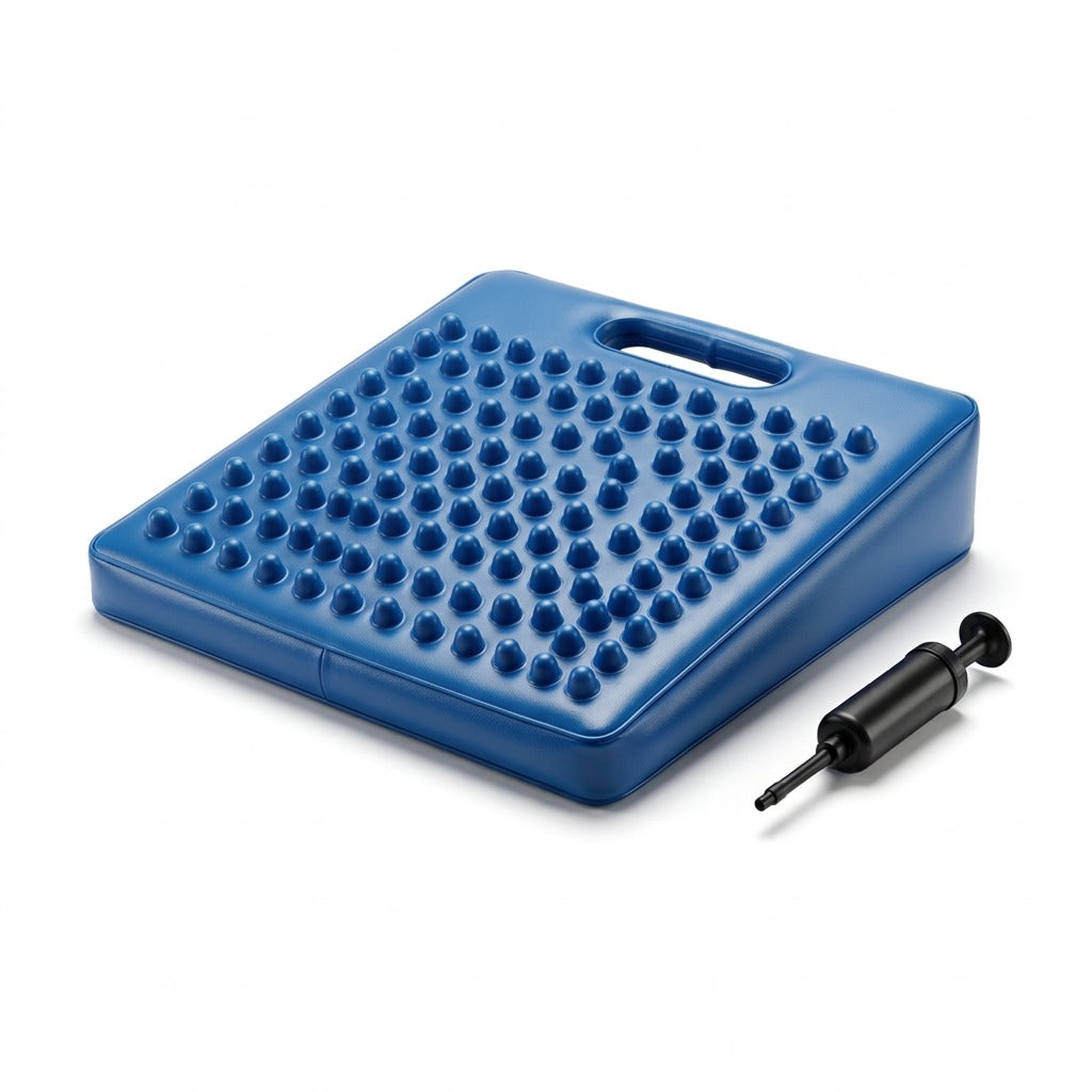 Blue fdmt Antimicrobial Wiggle Wedge sensory seat cushion with tactile bumps and a black air pump.