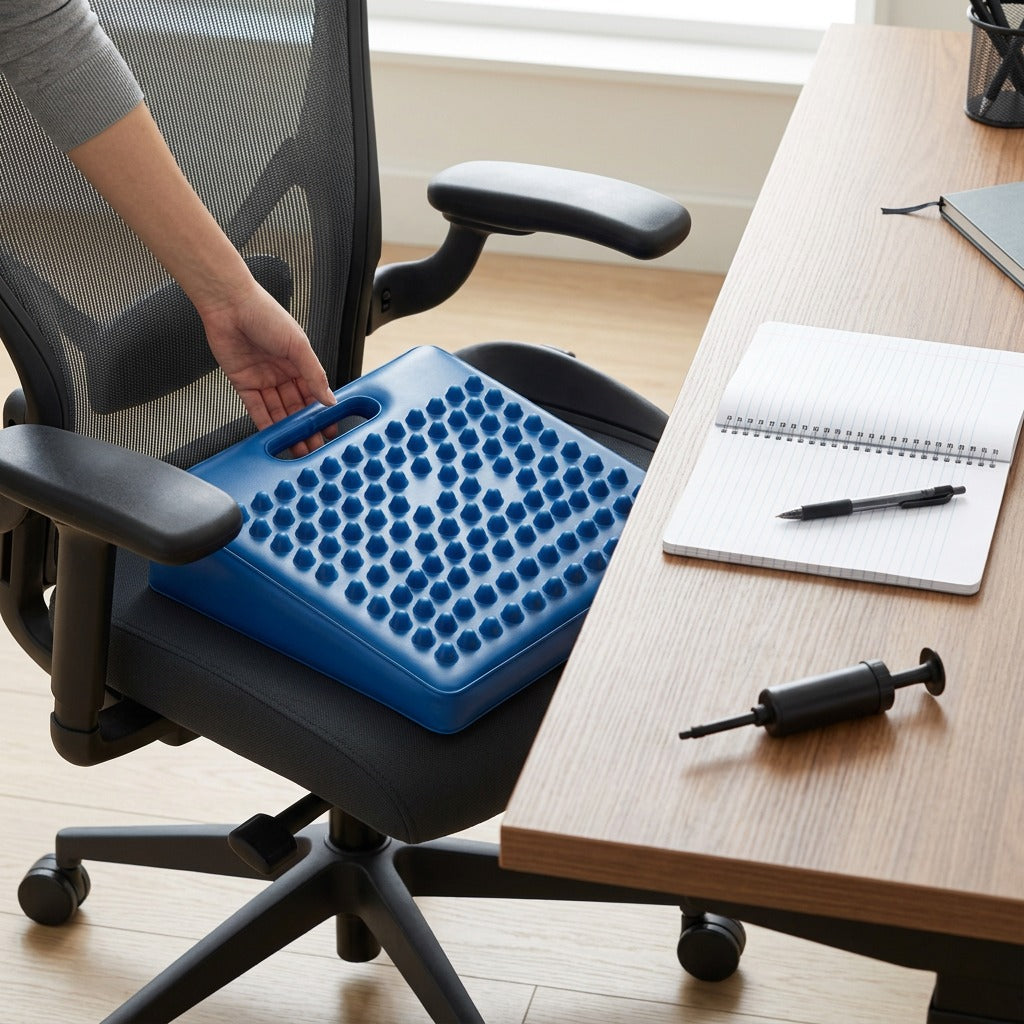 Blue fdmt Antimicrobial Wiggle Wedge sensory cushion placed on a black mesh office chair at a desk.