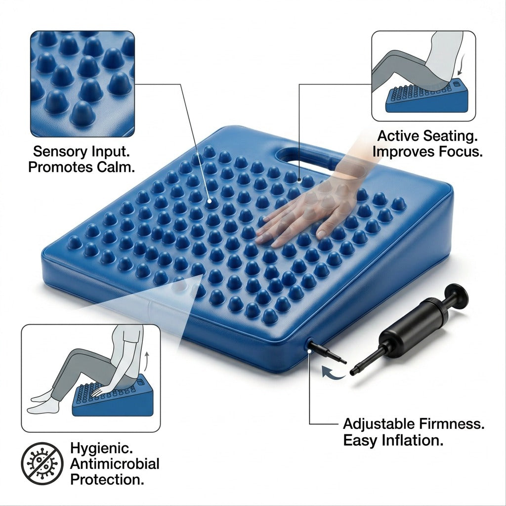 fdmt Antimicrobial Wiggle Wedge features: sensory bumps, active seating diagrams, and inflation pump.