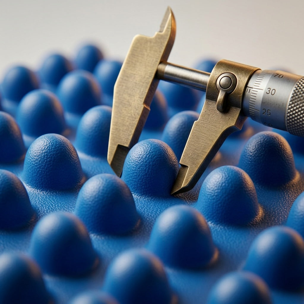 Macro detail of blue fdmt Antimicrobial Wiggle Wedge showing tactile bumps with a micrometer gauge.