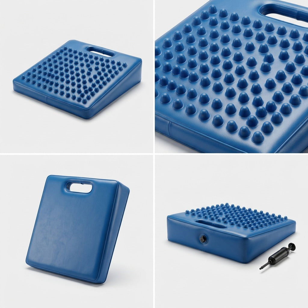 Matrix of the blue fdmt Wiggle Wedge sensory cushion showing the nubbed surface, smooth side, and air pump.