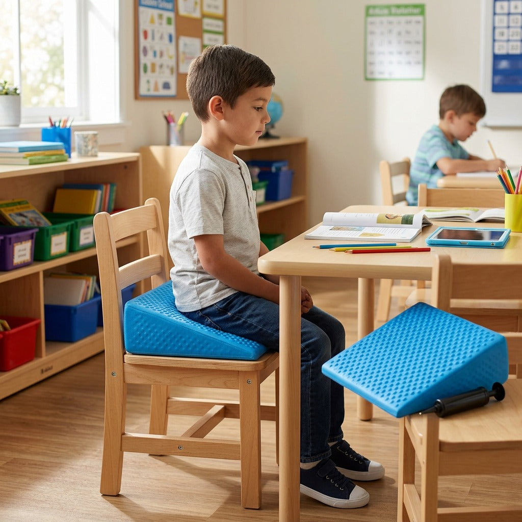 A student uses the blue fdmt Antimicrobial Wiggle Wedge on a wooden chair in a classroom setting.