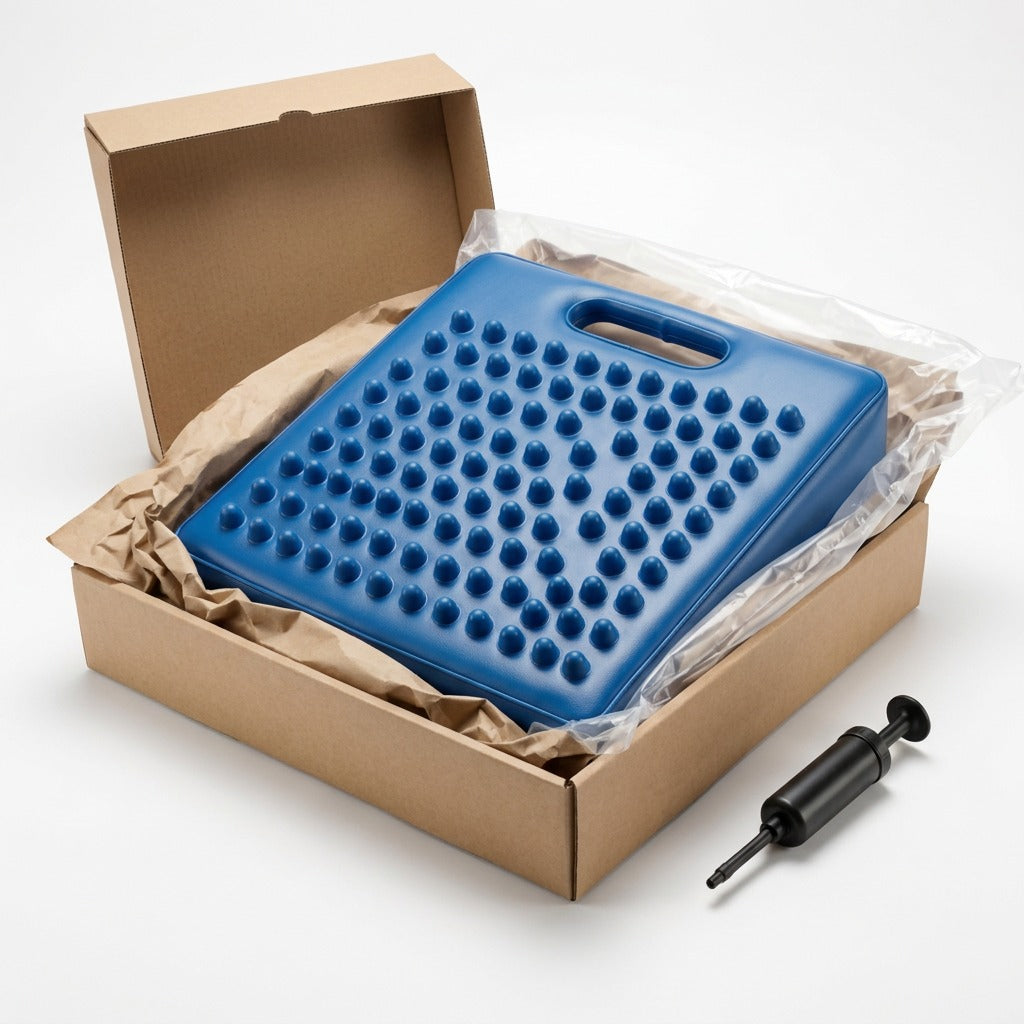 Blue fdmt Antimicrobial Wiggle Wedge sensory cushion in a protective shipping box with hand pump.
