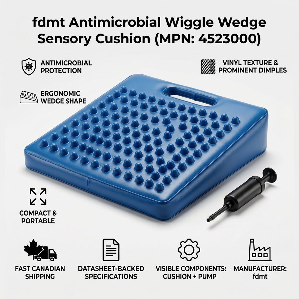 fdmt Antimicrobial Wiggle Wedge infographic showing blue dimpled cushion, pump, and product features.