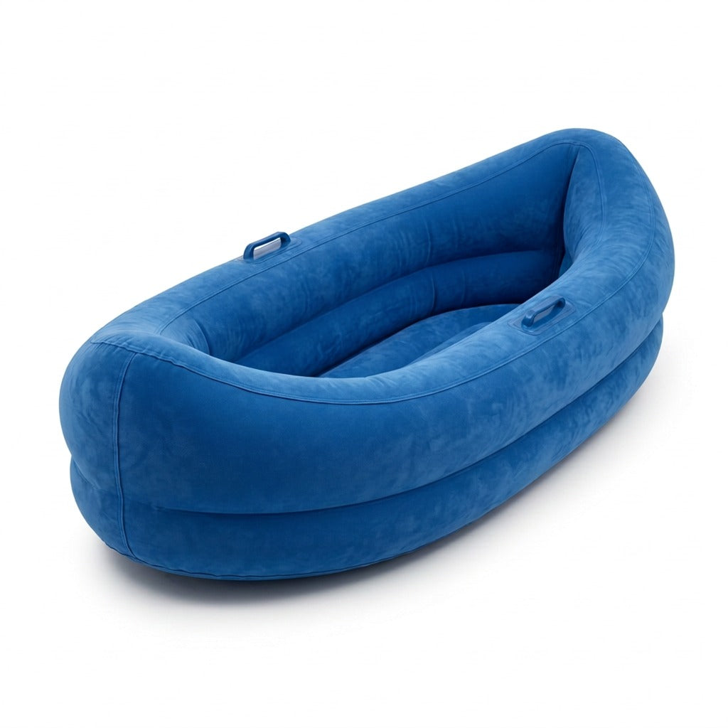 fdmt Inflatable Sensory Pod, a blue velvet-textured 60-inch oval seat with side handles.