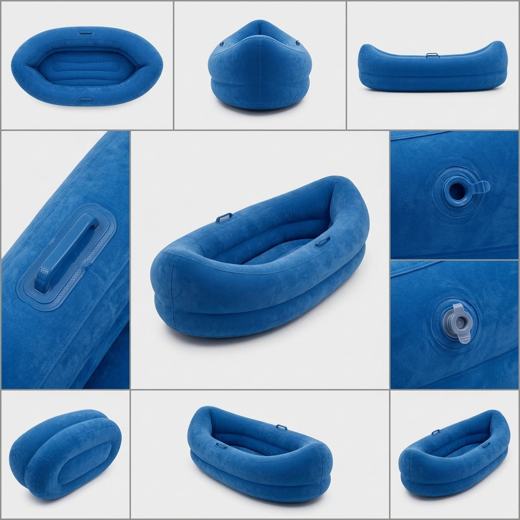 A grid of views showcasing the blue fdmt Inflatable Sensory Pod from multiple angles and close-ups.