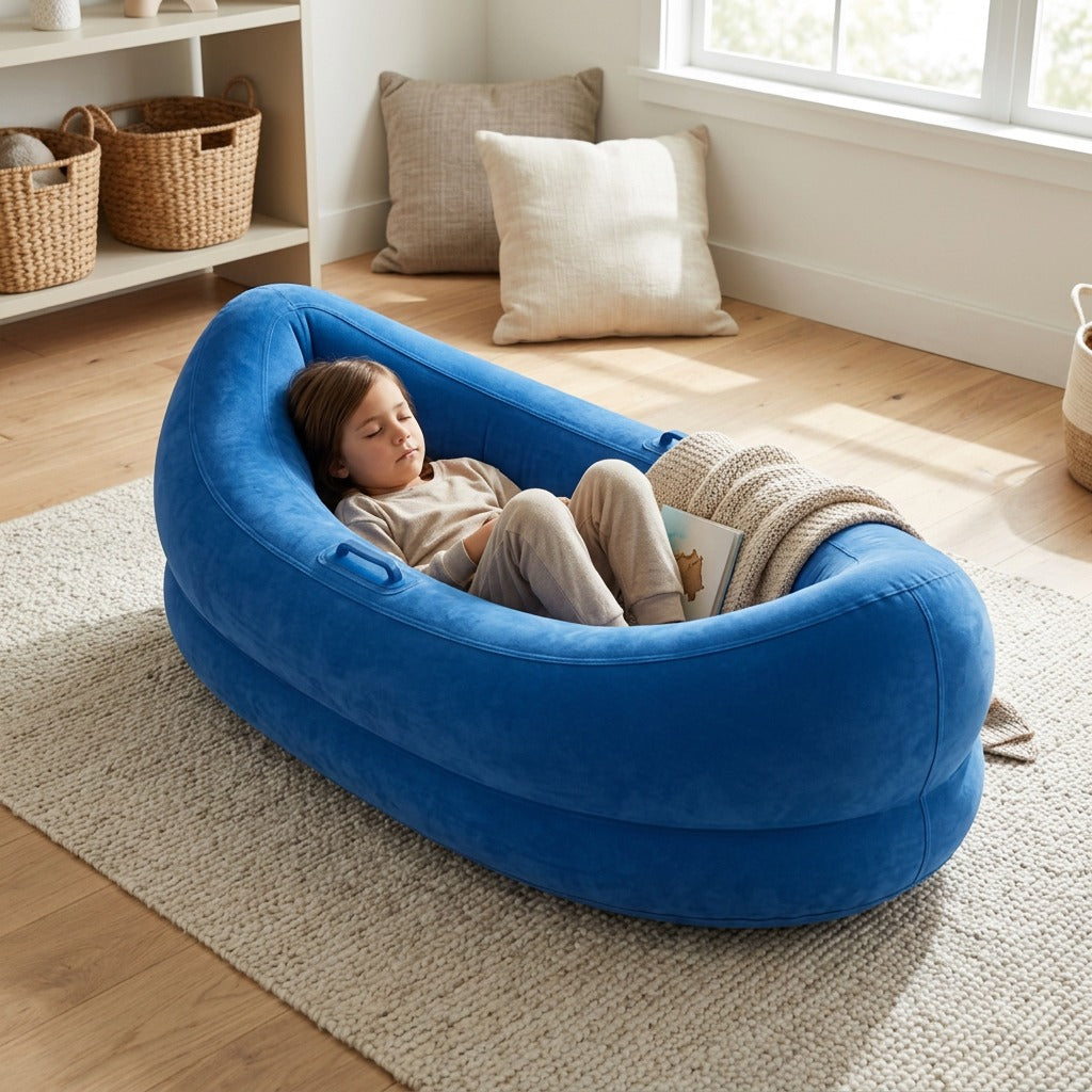 A child relaxes inside a blue velvet fdmt Inflatable Sensory Pod in a bright, neutral living room.