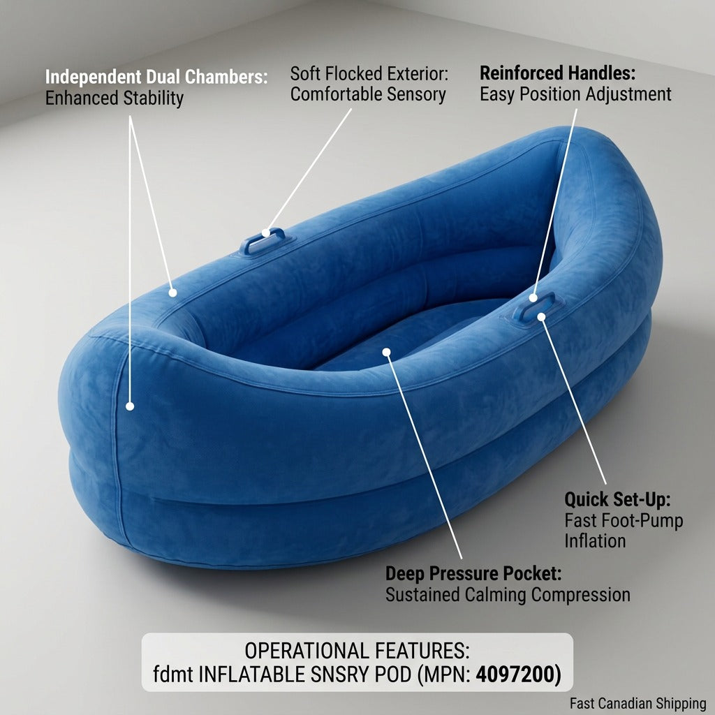 Feature diagram of the blue 60 inch fdmt Inflatable Sensory Pod highlighting its dual chambers.