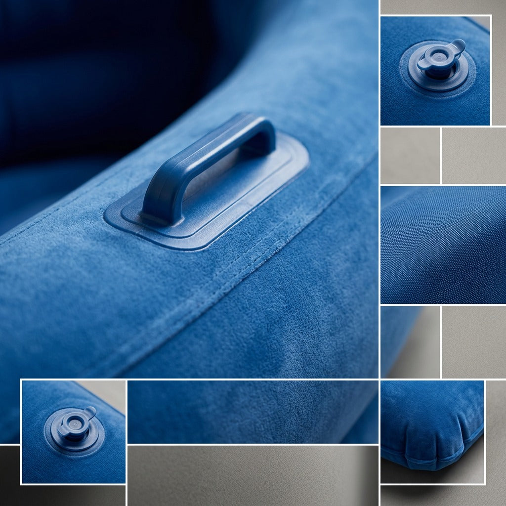 Macro details of the fdmt Inflatable Sensory Pod showing blue velvet vinyl, handle, and air valve.