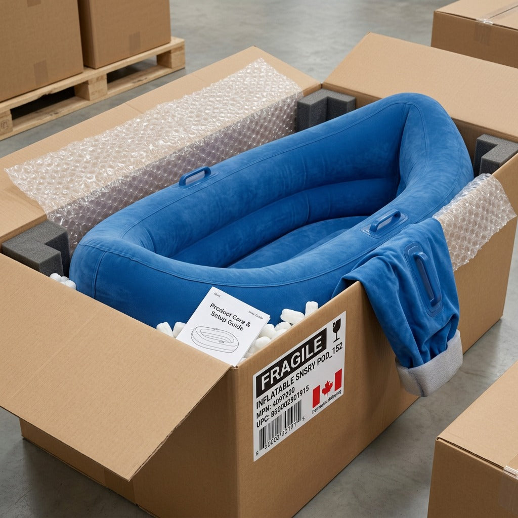 Blue fdmt Sensory Pod inside a shipping box protected by bubble wrap, foam, and packing peanuts.