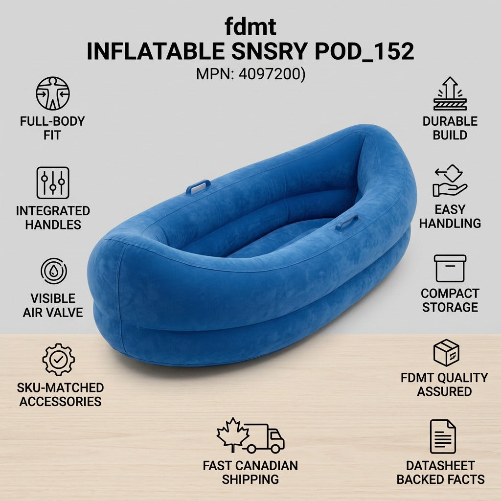 Infographic for blue fdmt Inflatable Sensory Pod showing durable build, fast Canadian shipping, and integrated handles.