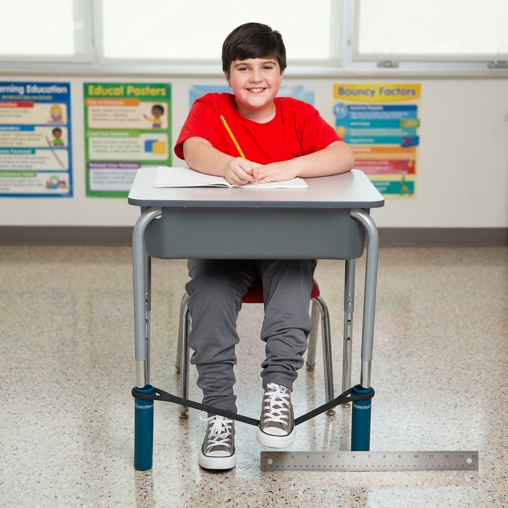 A student at a desk using an fdmt Bouncyband with a ruler showing scale across the bottom legs.
