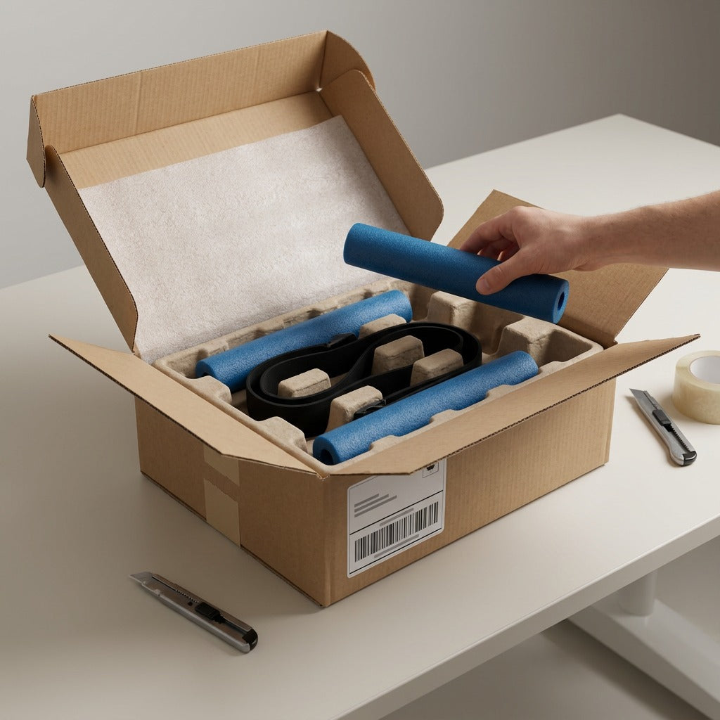 Unboxing the fdmt Bouncyband for desks from secure cardboard packaging with protective foam inserts.