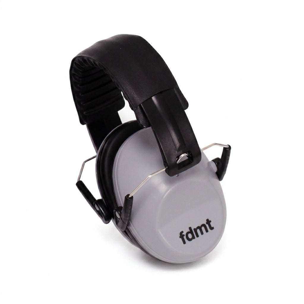 fdmt grey sensory noise reduction earmuffs with a black padded headband on a white background.