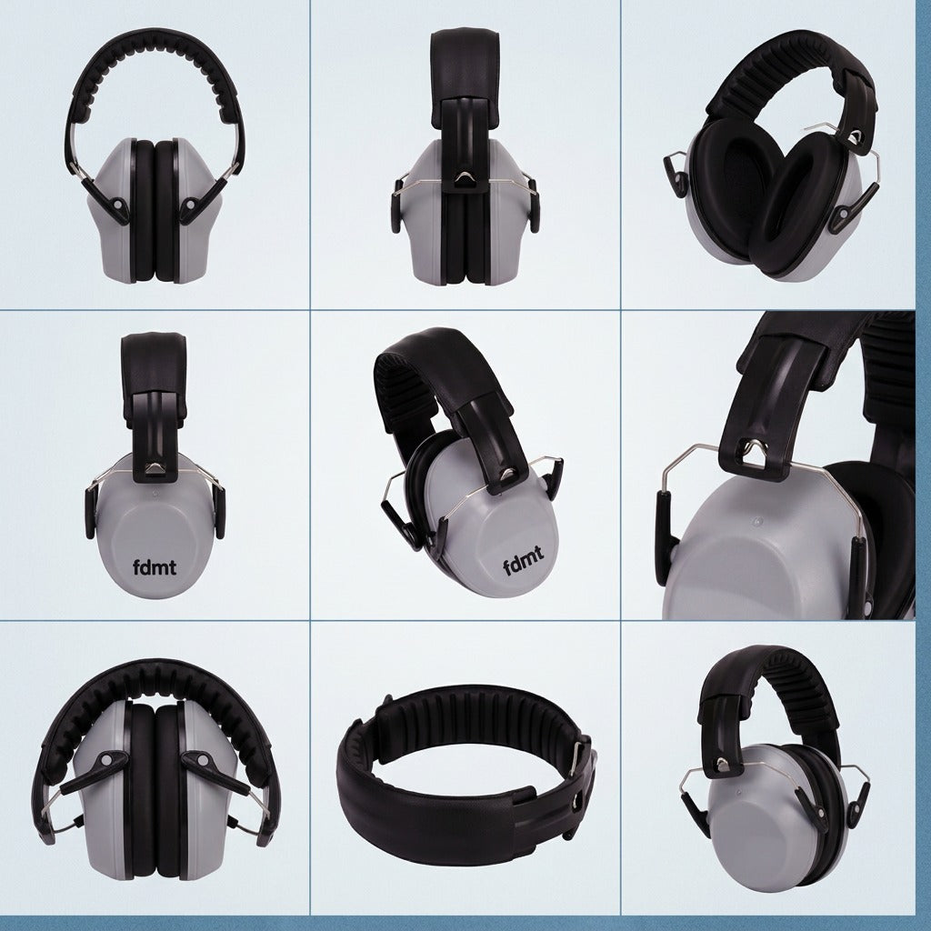 Grid of gray fdmt noise-reduction earmuffs from multiple angles showing the headband and ear cups.