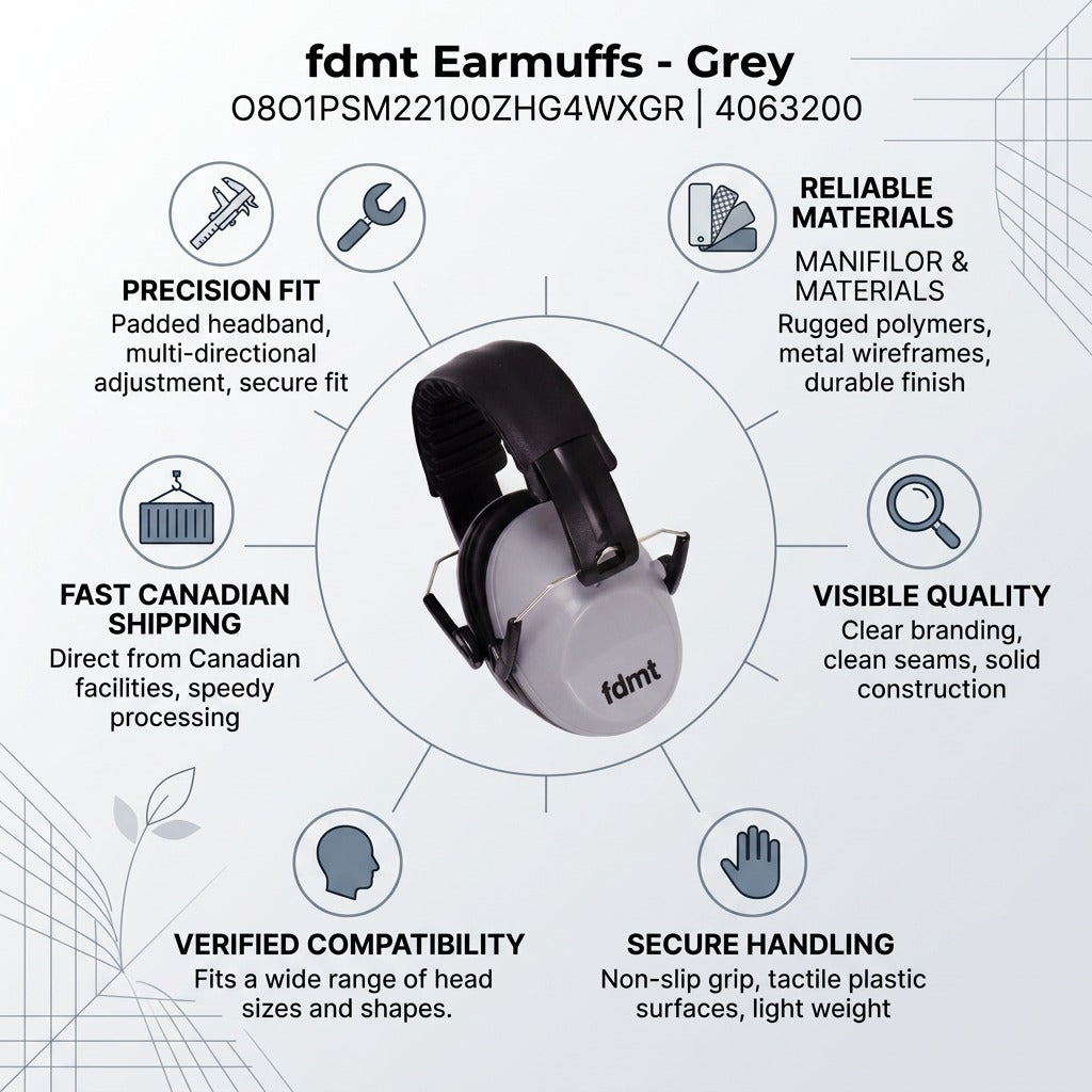 Infographic for fdmt Grey Earmuffs highlighting precision fit, durable materials, and fast Canadian shipping.