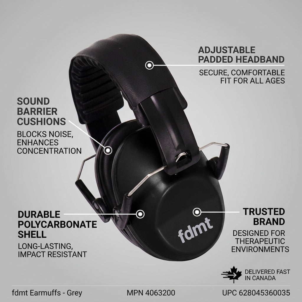 fdmt grey earmuffs showing padded headband, sound barrier cushions, and durable polycarbonate shell.