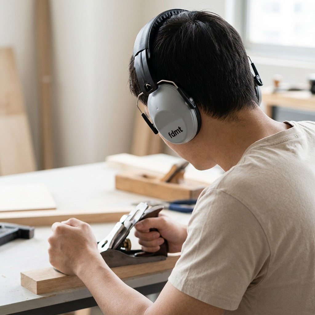Person in a workshop wearing grey fdmt noise reduction earmuffs while using a wood plane.