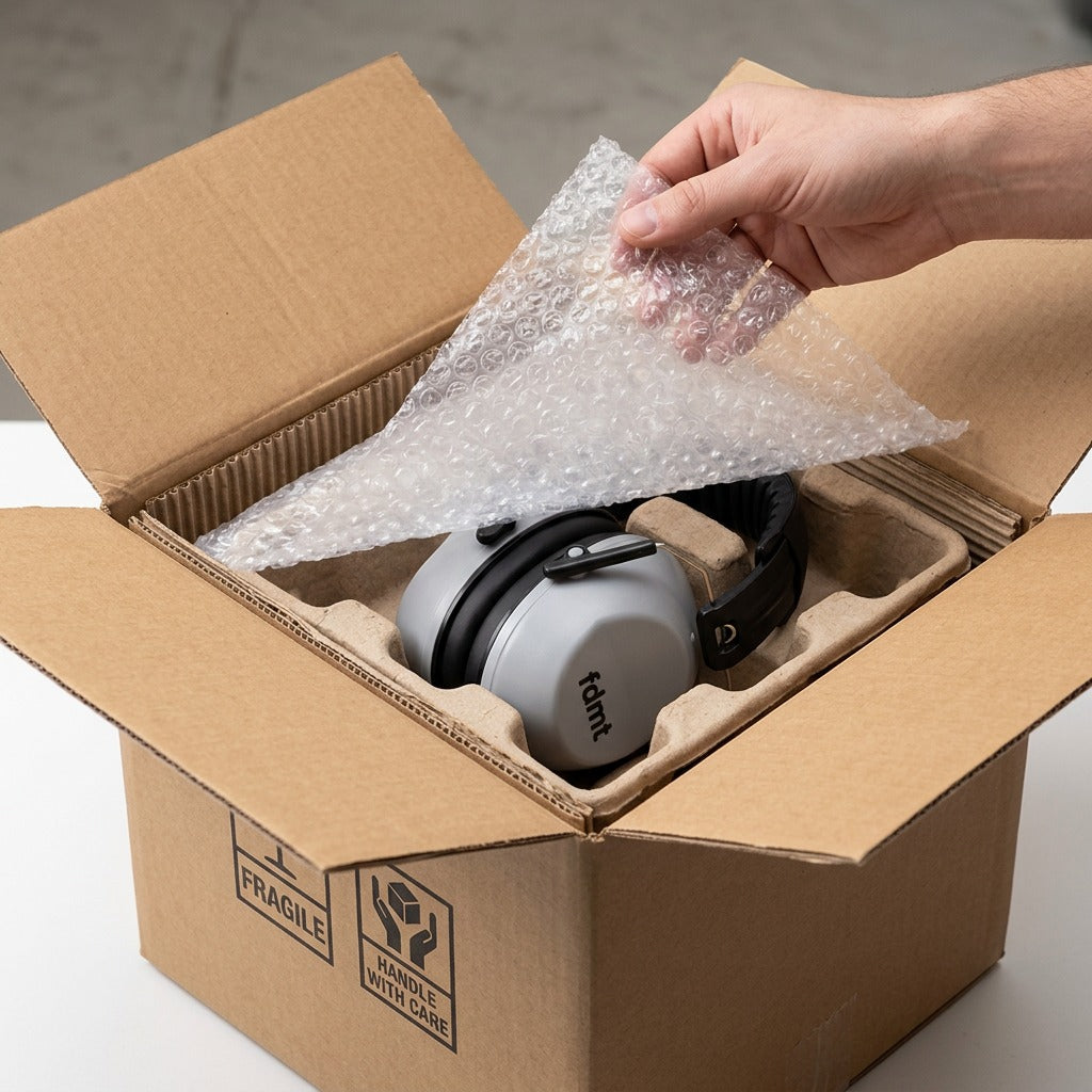 Person unboxing grey fdmt earmuffs from a cardboard shipping box protected by bubble wrap.