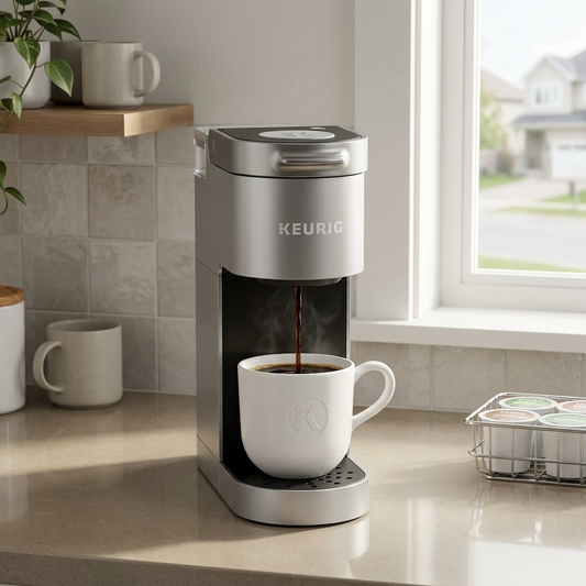 A high-resolution photo of the Keurig K-Suite Gen2, as seen in image_0.png, sitting on a polished wooden kitchen counter with a window overlooking a tree-lined street in the background. A ceramic mug is placed under the dispense head. Shot in natural, early morning daylight.