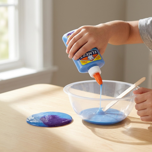 A child pouring Elmer's Blue to Purple Colour Changing Glue into a bowl to make glittery slime.
