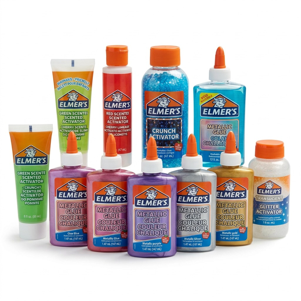 Elmer's Celebration Slime Kit featuring 10 pieces including assorted metallic glues and activators.