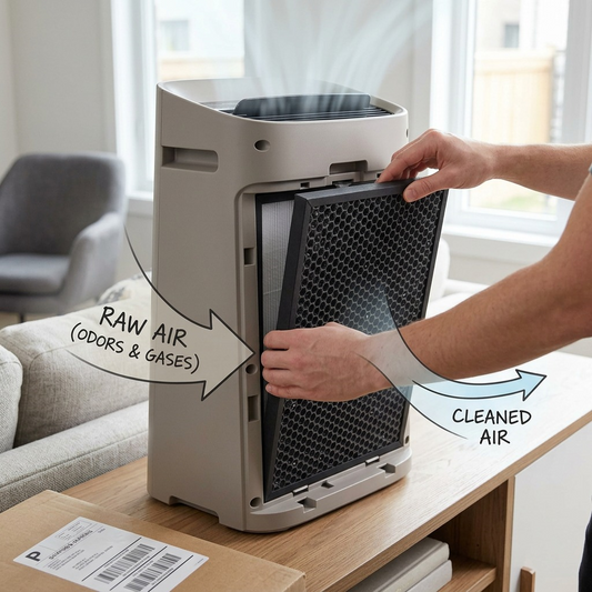 An active carbon filter panel (as seen in image_0.png) is shown in use, slotted vertically into a generic residential air purifier. A stream of dusty air enters on a hand-drawn diagram, which clarifies inside the filter. Natural light from a window illuminates the scene of clean air exiting the top. (Alt text for final image).
