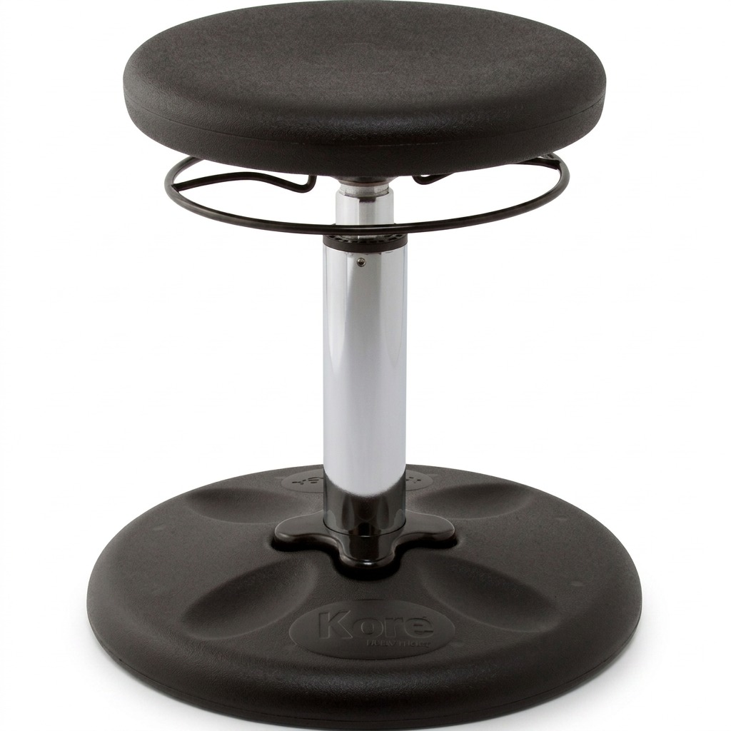 Black fdmt Kore Adjustable Wobble Stool (42-61cm) with a chrome pillar and rounded base.