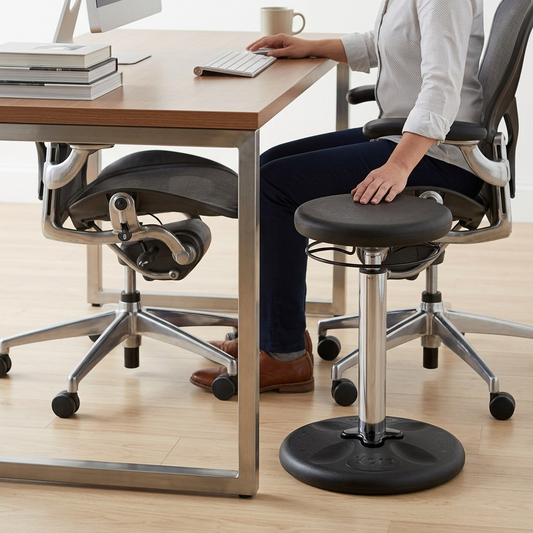 A black fdmt Kore Adjustable Wobble Stool positioned next to a standard office desk and chair.