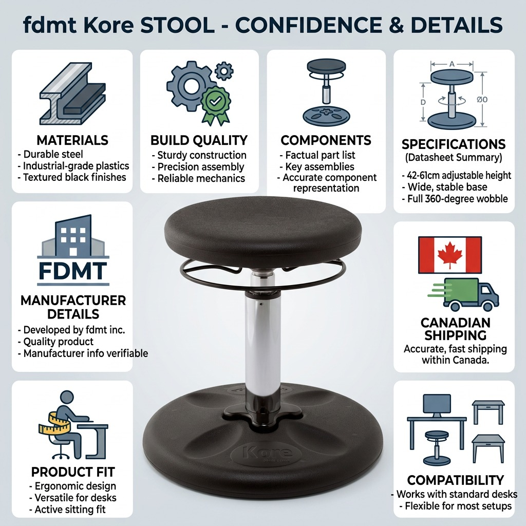 Infographic for fdmt Kore black adjustable wobble stool showcasing materials and 42-61cm height.