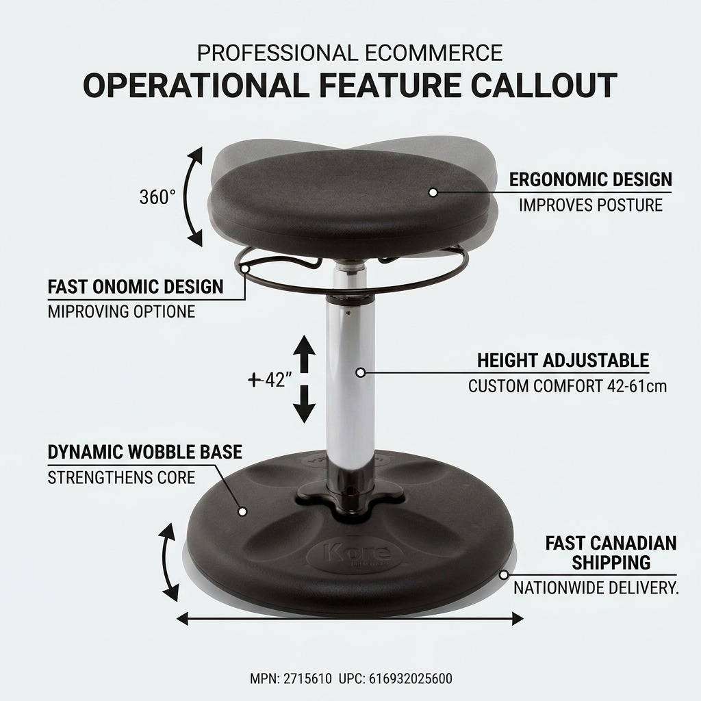 fdmt Kore Adjustable Wobble Stool features: 360-degree rotation, 42-61cm height adjustment, and dynamic wobble base.