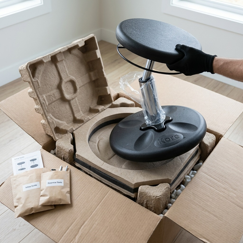 Person unboxing a black fdmt Kore Adjustable Wobble Stool from a secure shipping box with padding.