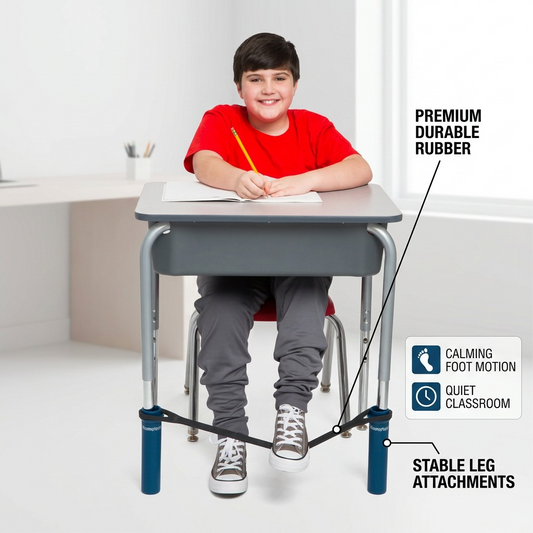 Student using fdmt Bouncyband for desks with callouts for durable rubber and stable leg attachments.