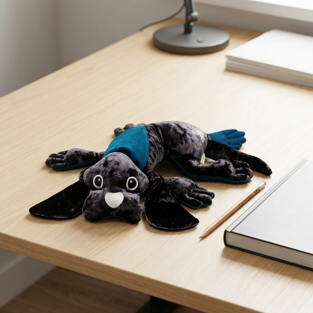 A close-up photo of the manimo weighted dog plush on a wooden shelf next to an average-sized apple.